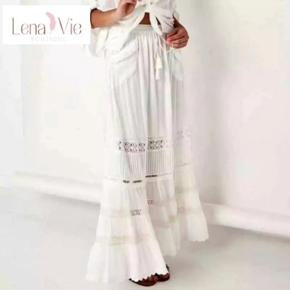 Boho White Tassel Tie Clouded Dream Cotton Maxi Skirt With Lace Embroidery - Picture 2 of 12